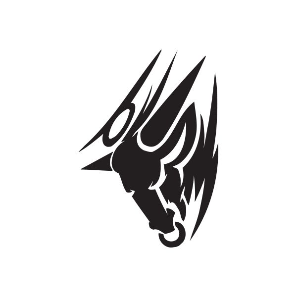 Tribal bull head charge decal, black stylized bull with flowing horn lines