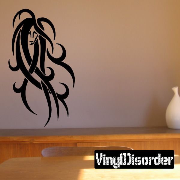 Virgo long hair decal: black line-art woman profile with flowing hair silhouette