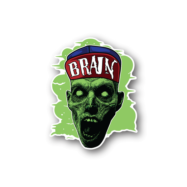 Zombie brain vinyl sticker with green zombie face and BRAiN graphic