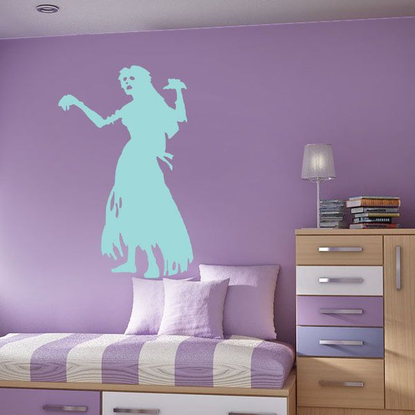 Zombie bride wall decal, pale blue silhouette of a kneeling bride holding a bouquet