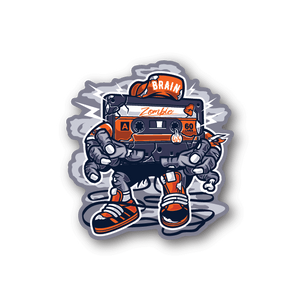 Zombie cassette tape vinyl sticker with orange cassette and 'Brain' label