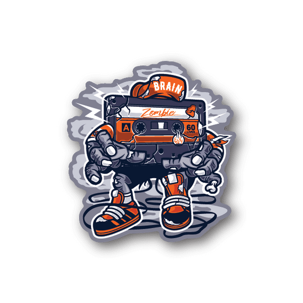 Zombie cassette tape vinyl sticker with orange cassette and 'Brain' label