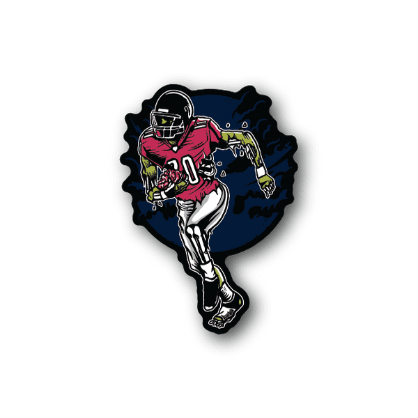 Zombie football player vinyl sticker, pink jersey, blue background, green head, white pants
