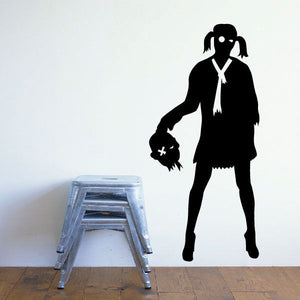 Zombie girlfriend wall decal, black silhouette with white ribbon and heart