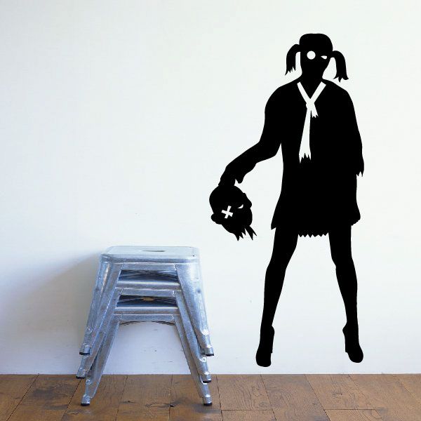 Zombie girlfriend wall decal, black silhouette with white ribbon and heart