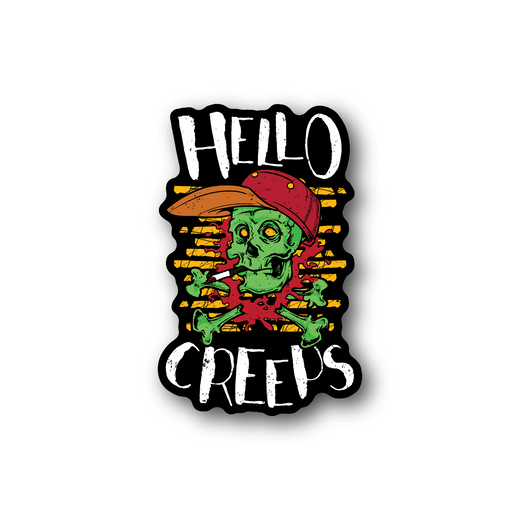 Vinyl sticker with zombie face and 'Hello Creeps' lettering