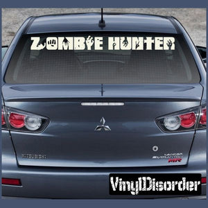 Vinyl car decal with stylized zombie-hunter hands lettering on rear windshield