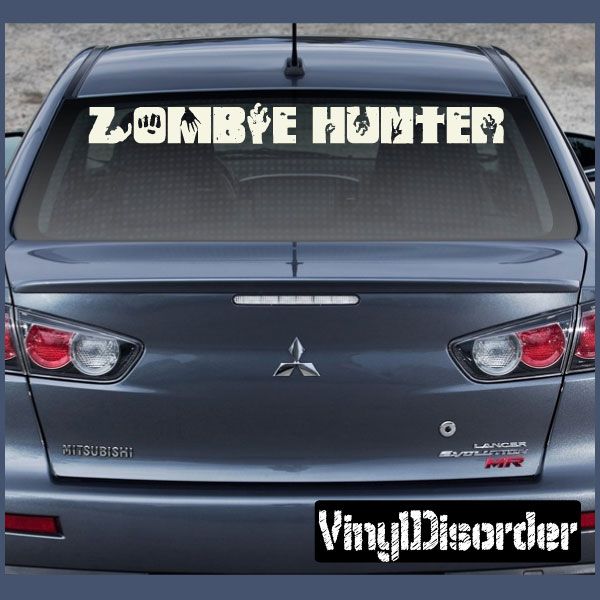 Vinyl car decal with stylized zombie-hunter hands lettering on rear windshield