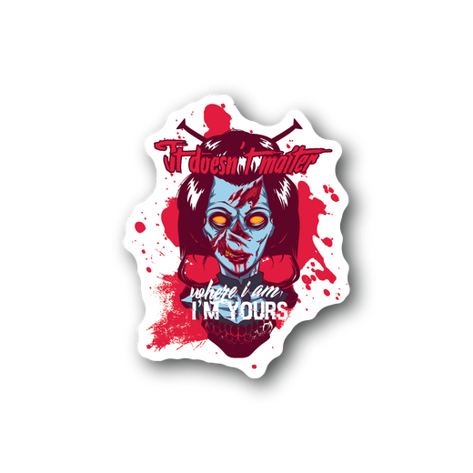 Cartoon zombie vinyl sticker with red and blue character and bold text