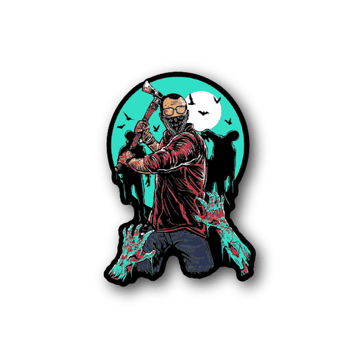Vinyl sticker featuring a masked zombie-slaying warrior holding a rifle, teal background