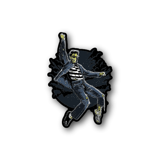 Vinyl character sticker of a zombie king in blue-gray striped outfit, arms out