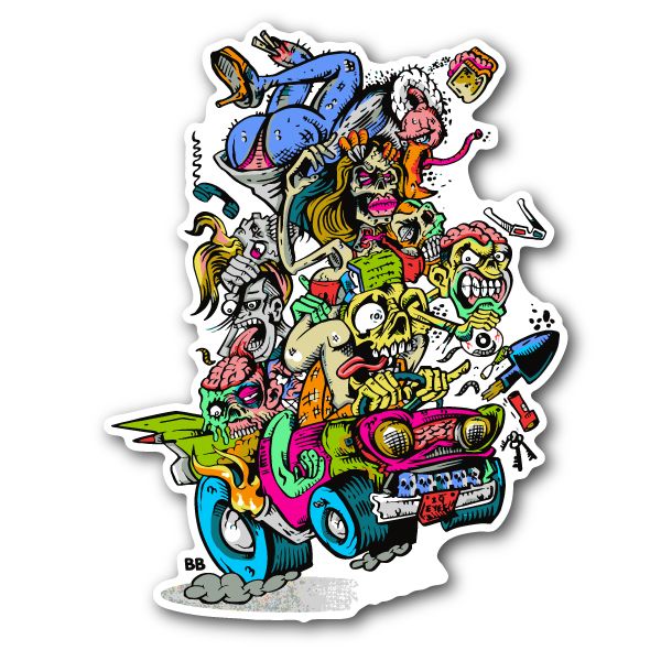Colorful zombie party car vinyl sticker with cartoon characters and car scene