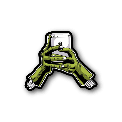 Zombie phone vinyl sticker with green zombie hands holding a white phone