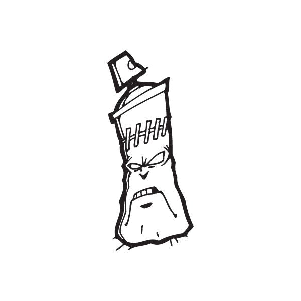 Zombie spray can decal, black and white stylized zombie head with open mouth and eyes.