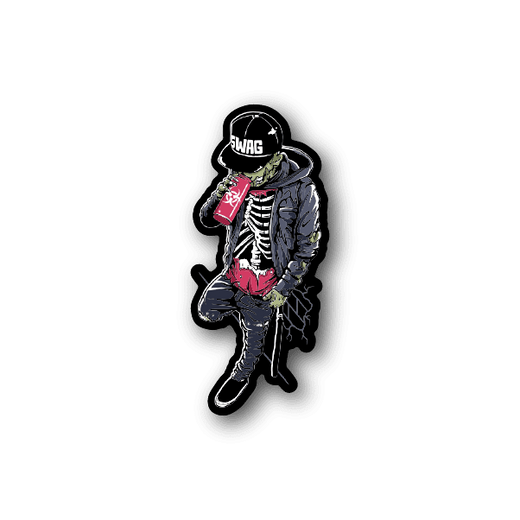 Zombie swag vinyl sticker of skeleton zombie in hoodie holding pink toy
