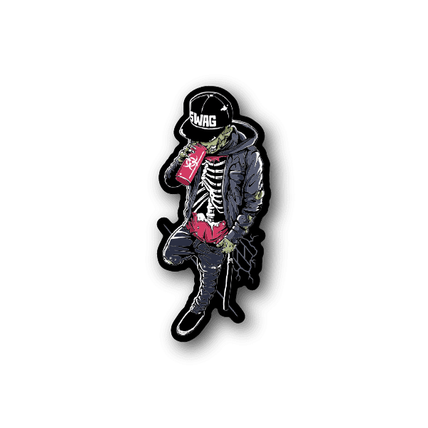 Zombie swag vinyl sticker of skeleton zombie in hoodie holding pink toy
