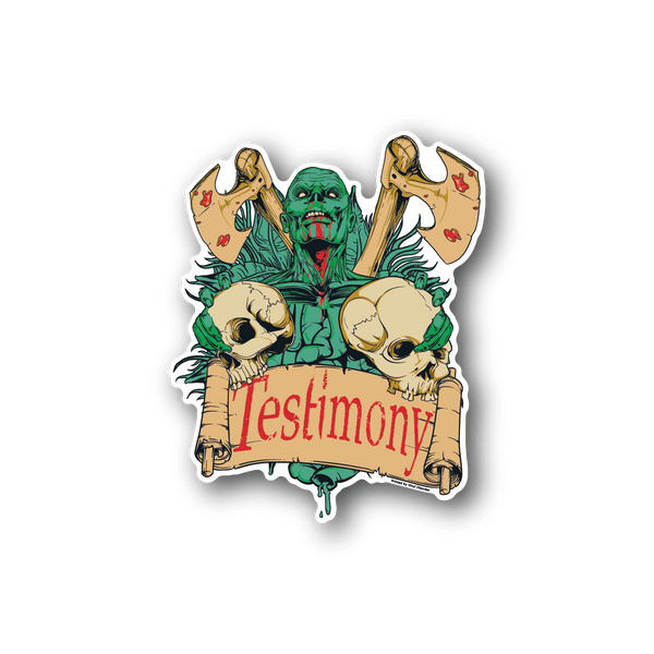 Vinyl zombie testimony sticker with green monster and "Testimony" banner