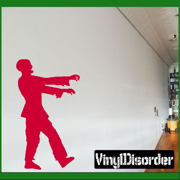 Zombie walk decal with red silhouette of a walking zombie figure, wide arms