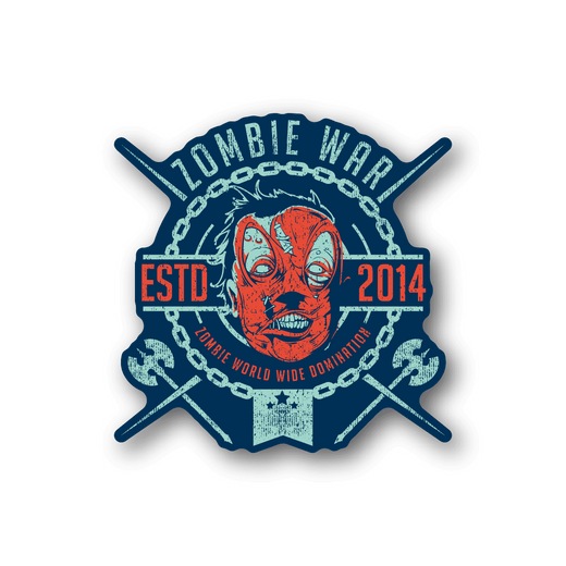 Zombie War vinyl sticker with red skull, blue text, chains, and crossed bones