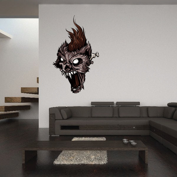 Zombie werewolf head sticker with snarling face and flame-like fur detail