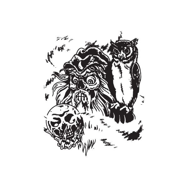 Zombie wizard decal featuring skull-faced wizard and owl, black and white