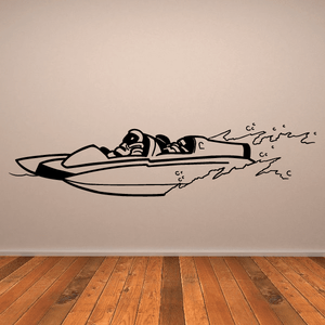 White and black hydroplane decal with driver figure and water splash streaks