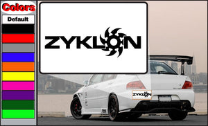 Car decal with black ZYKLON logo and biohazard-style symbol on a white backing