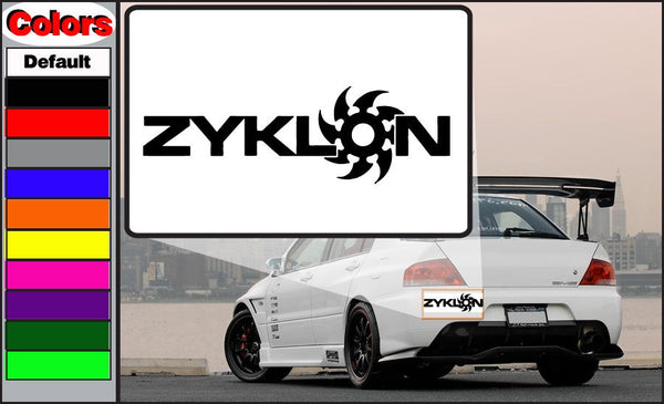 Car decal with black ZYKLON logo and biohazard-style symbol on a white backing