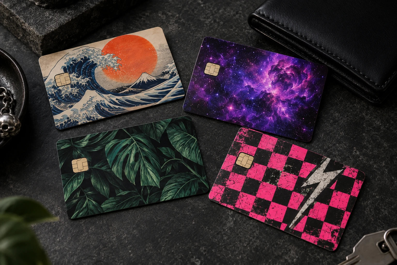 Finished card cover examples: ocean sunset, cosmic nebula, botanical leaves and punk checkerboard