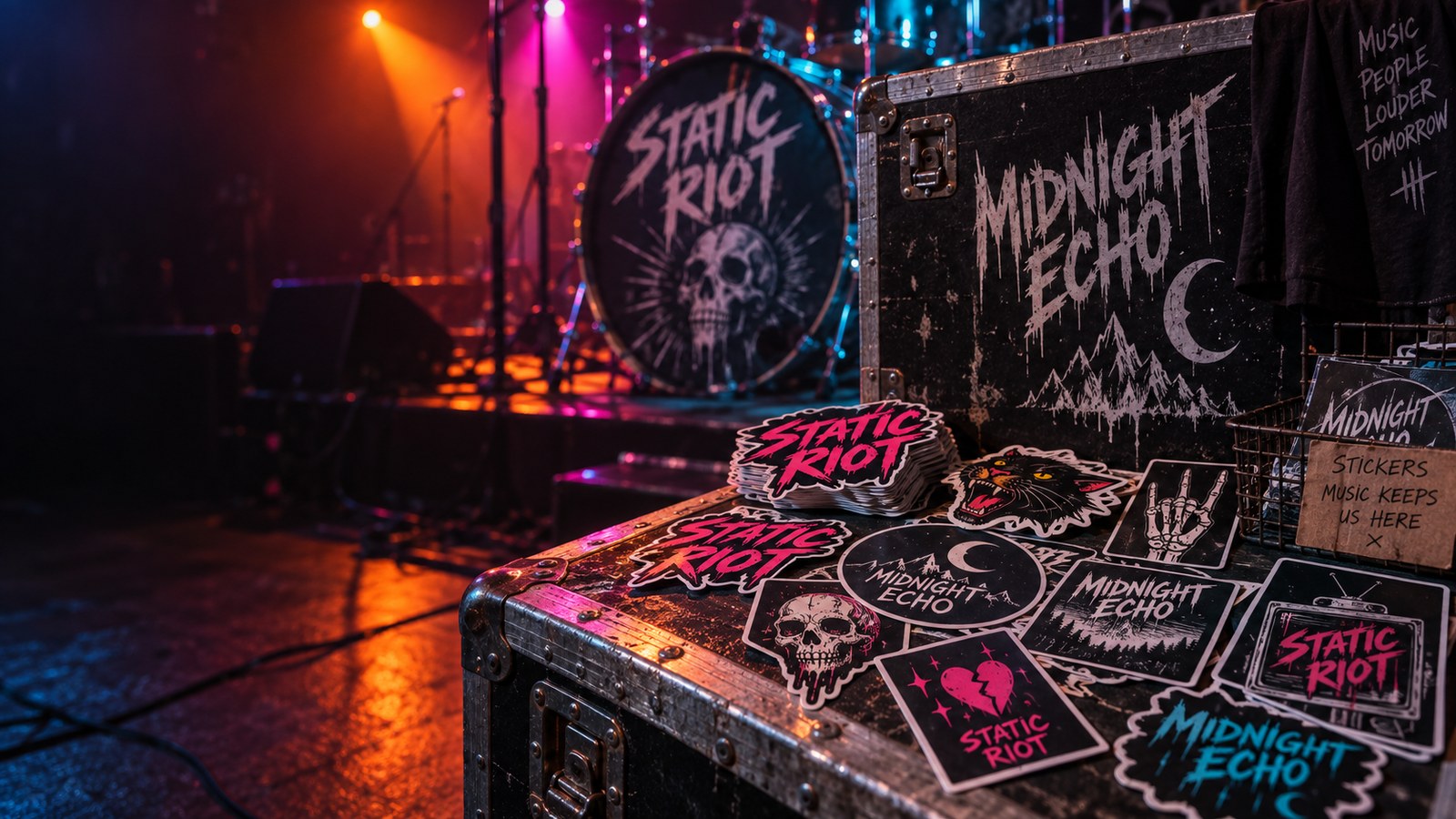 Band stickers, a road case and drumhead at a merch table