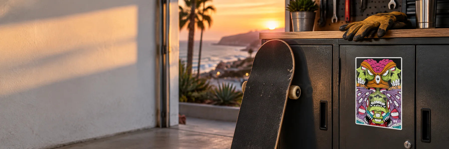 Illustrative coastal lifestyle scene featuring Bobby Draws Skullz printed sticker artwork. Objects are not included.
