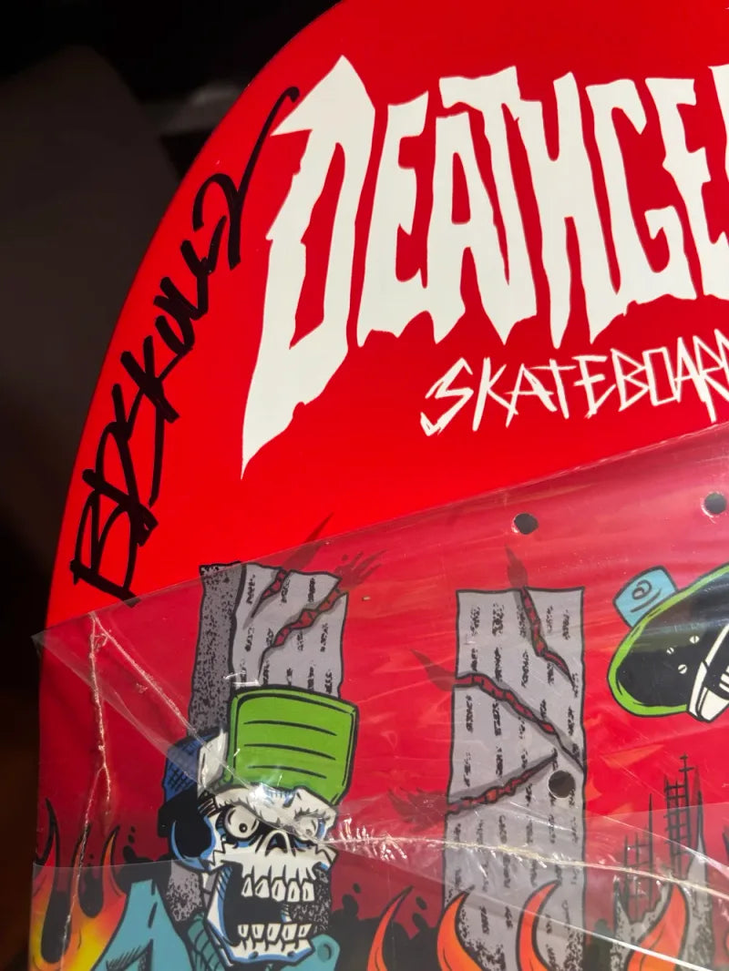 Close-up of the Death’s Diner skateboard graphic and Bobby’s signature