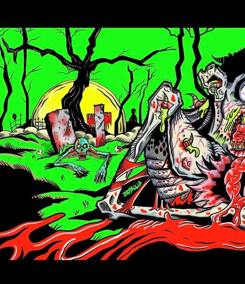 Colorful green Slurp skateboard artwork featuring a graveyard creature