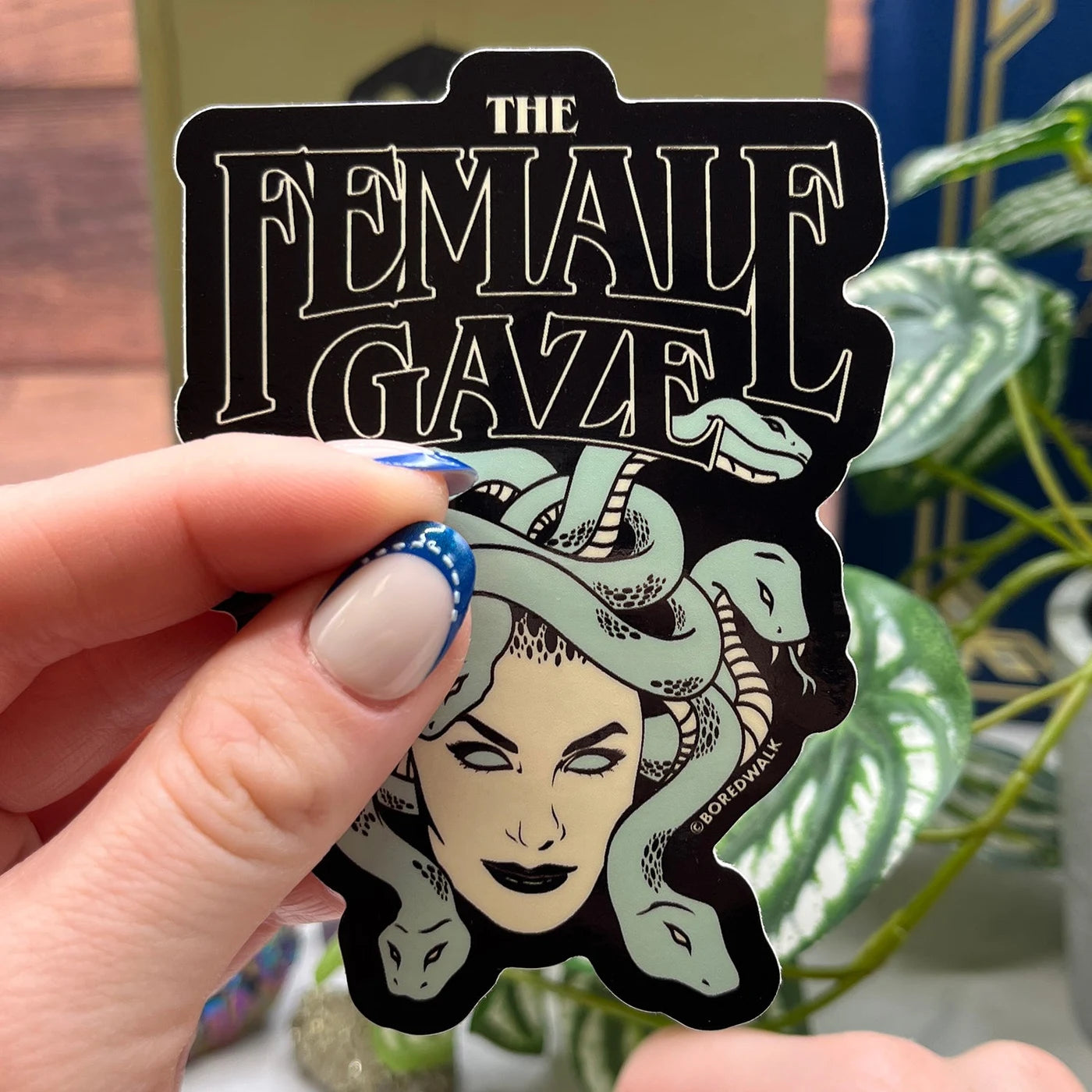 Boredwalk's The Female Gaze Medusa Die Cut Sticker photographed as a finished sticker