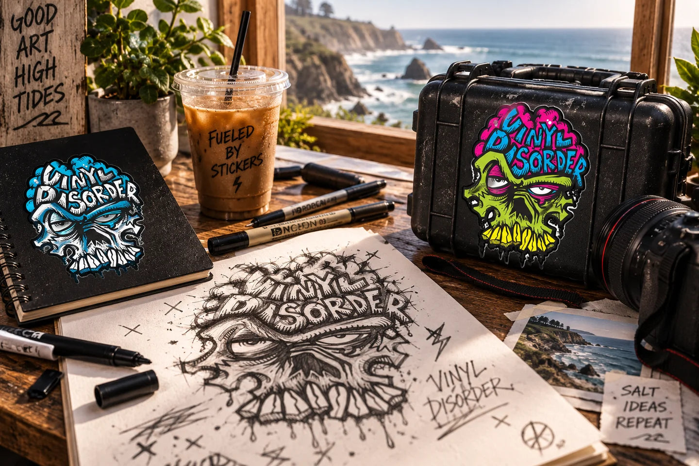 Coastal creative desk with sketches, pencils and stickers - illustrative scene