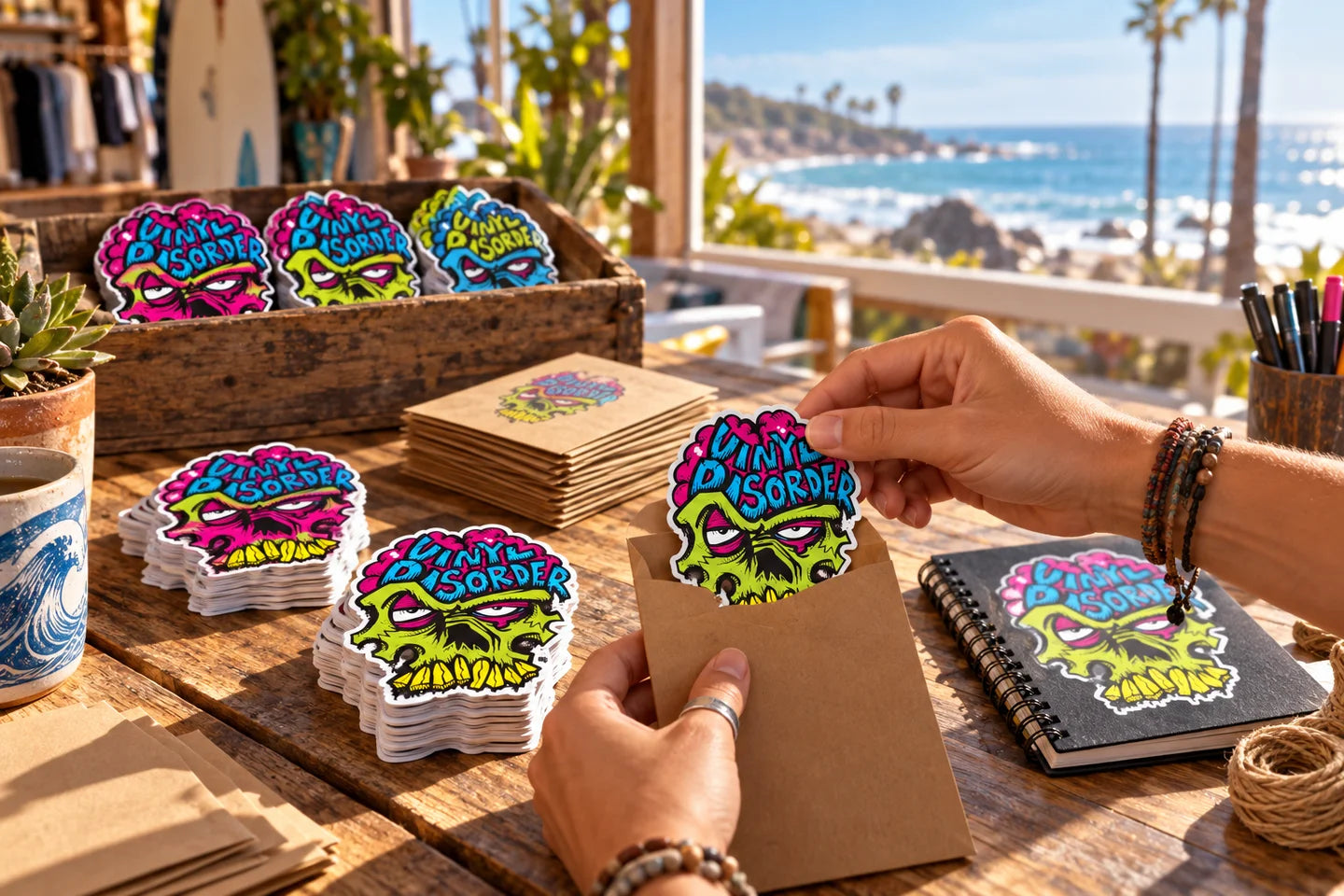 Packing colorful sticker orders in a creative studio - illustrative scene