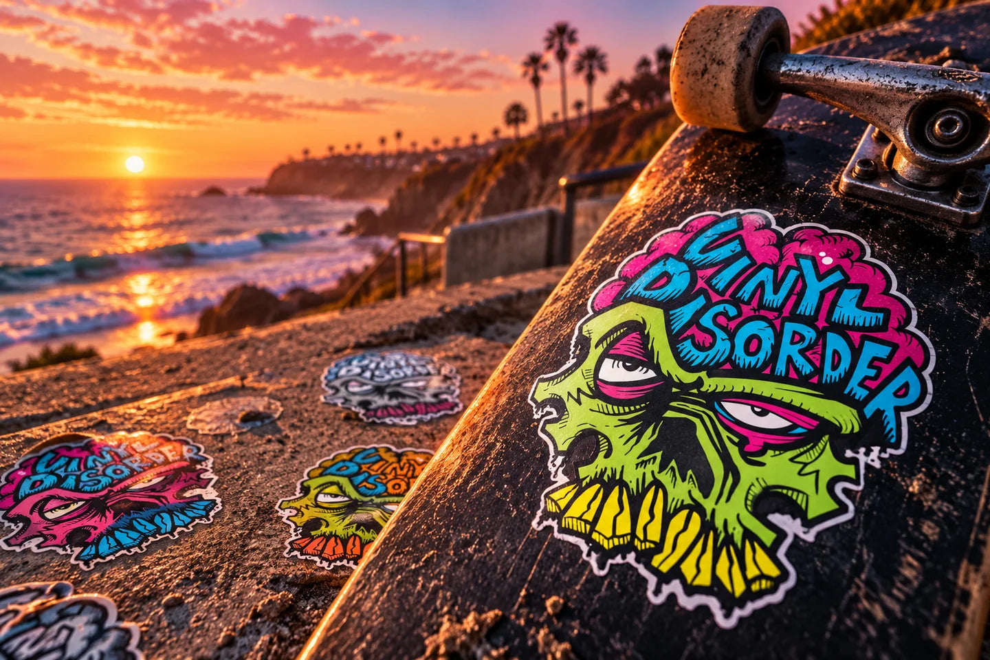 Join the Vinyl Disorder Street Team — VD skull on a coastal skate deck