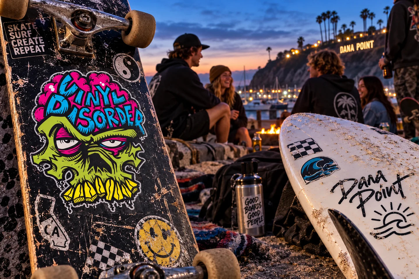 Friends decorating a skateboard by the coast - illustrative creative scene