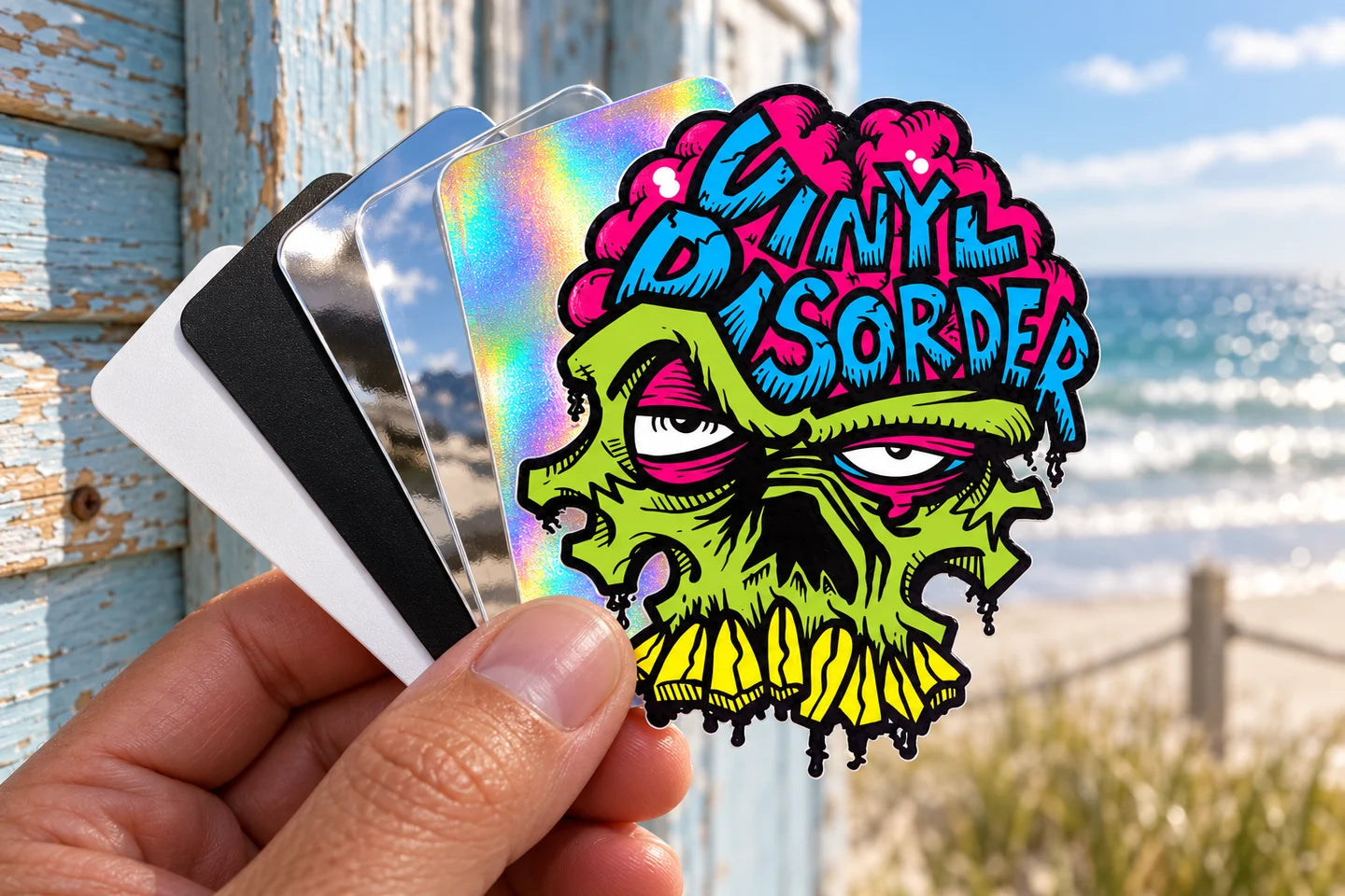 Gloss, matte, clear, chrome and holographic vinyl swatches - illustrative material scene