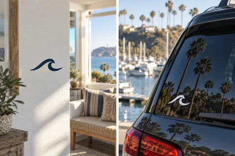 Photorealistic coastal examples of indoor wall vinyl and outdoor vehicle-window vinyl
