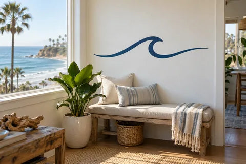 Coastal cottage scene with an illustrative wall-vinyl application