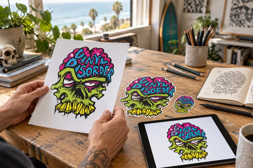 An artist reviews skull artwork on a print, tablet and finished sticker examples.