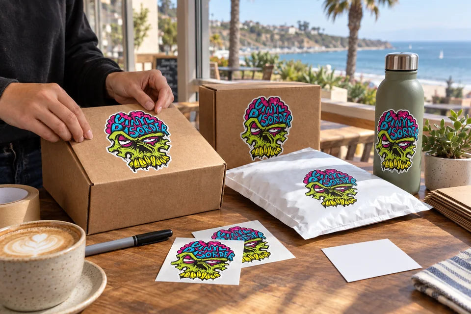 The skull brand appears on different package sizes and a bottle at a coastal worktable.
