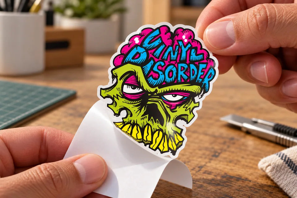 Hands lift a printed skull sticker from its intact white paper release liner.