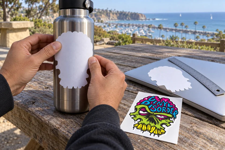 Hands hold a plain paper shape against a bottle before choosing the sticker size.