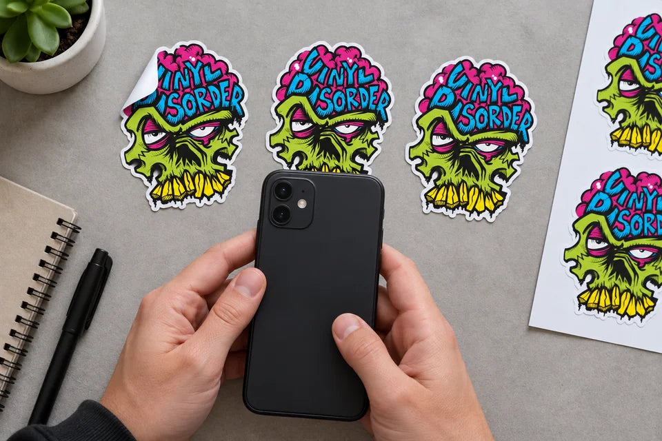 A sticker with a folded corner beside undamaged examples and the back of a phone.