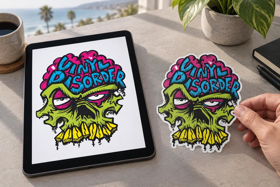 Skull artwork on a tablet beside a physical printed-sticker illustration.