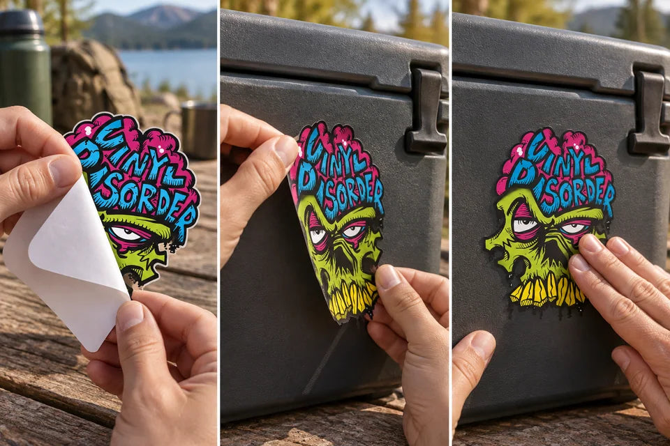 Three panels show peeling a liner, positioning an edge and pressing a printed sticker on a hard cooler.