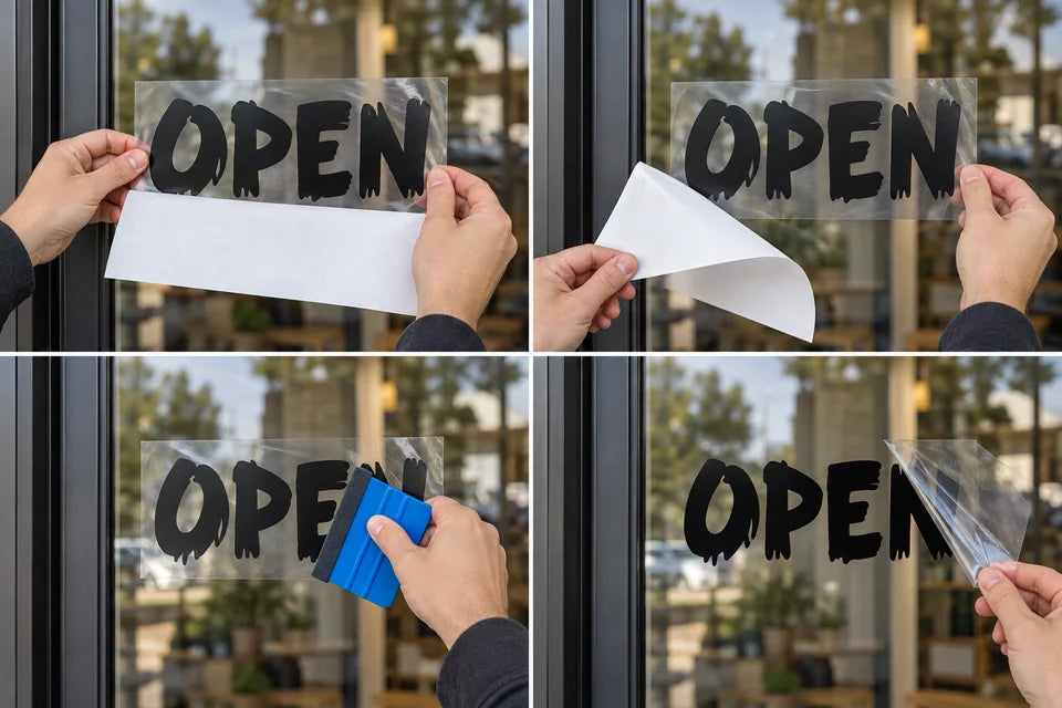 Four panels show the backing, positioning, pressing and carrier removal for separate black OPEN letters.