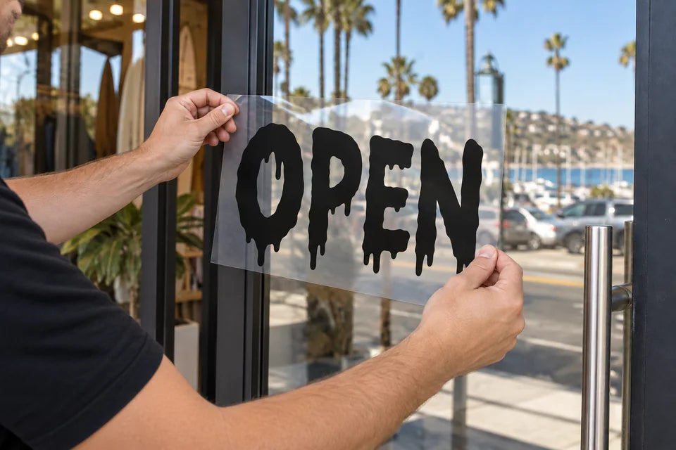 Hands hold four separate black OPEN letters on a transparent carrier in front of glass.
